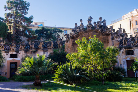 View of the garden in the Villa Palagonia, with the people and monster sculptures made of tuff which earned the nickname "The Villa of Monsters," 18th century, Bagheria, Sicily, Italyの写真素材