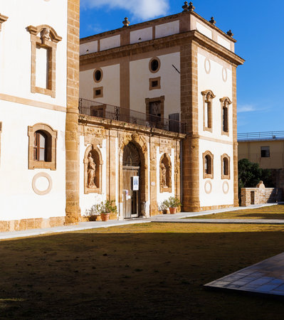 Facade of the Francesco Scaduto Municipal Library housed in Villa Aragona CutÃ², Bagheria, Sicily, Italy. Historic noble residence converted into a public cultural building with elegant architectural detailsの写真素材