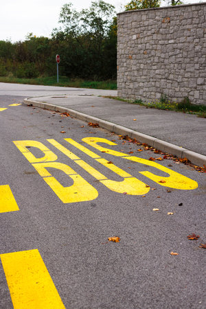 Yellow bus stop road marking symbolizing transport, mobility, travel, and public infrastructure.