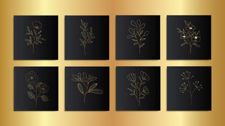 Set of minimalist line art drawing flower outline gold simple shape for wall decoration, postcard or brochure cover designのイラスト素材