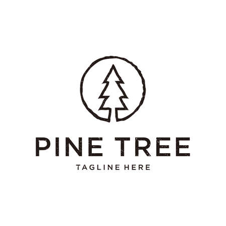 Minimalist pine tree evergreen fir  pinus tree forest vintage retro hipster line art Logo designのイラスト素材