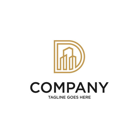 Initial Letter D and Building Linked Logo. with gold color isolated on white Background. Usable for Business and Branding Logos. Flat Vector Logo Design Template Element.のイラスト素材
