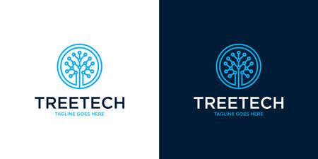 Tree Technology Network connection creative vector logo. Digital tree logotype concept. Cloud storage icon logo design templateのイラスト素材