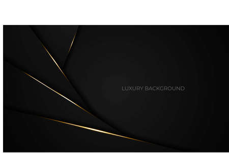 Abstract 3d background with black paper layers. Vector geometric illustration of carbon sliced shapes textured with golden line. Graphic design element. Elegant decorationのイラスト素材
