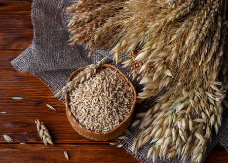 Grains of whole oats in a wicker box and ears of various cereals wheat, oats, rye and others on a wooden backgroundの写真素材