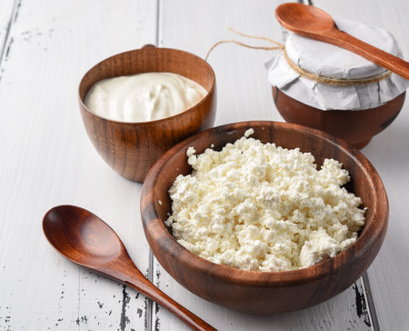 Dairy products milk cottage cheese, sour cream, copy space, background.