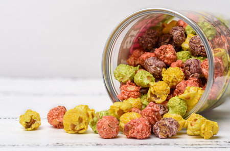 Colored caramel popcorn scattered on a white wooden background.