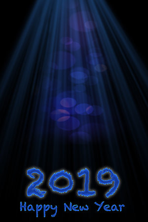 Blue rays and bokeh on a black background. Inscription Happy New Year 2019 in English. Place for...