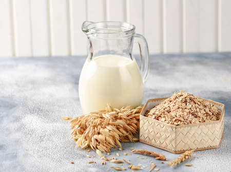 The concept of a vegetarian diet. Oat milk in the jug and oat and oat ears. Light backgroundの写真素材