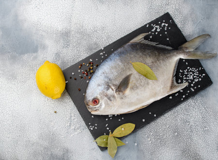 Fresh raw fish pompano and spice ingredients on table.の写真素材