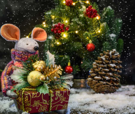 The symbol of the New Year 2020 is the mouse. With a box of gifts, fir cone, spruce branches and snow flakes.の写真素材