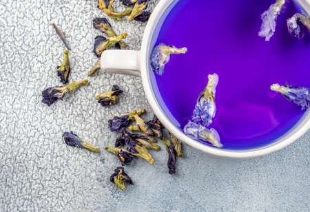 Butterfly pea flower blue tea. Healthy detox herbal drink on light backgroundの写真素材