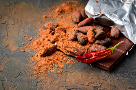 Dark chocolate, red chilli peppers, cocoa beans and powder on a dark stone background, top view,...