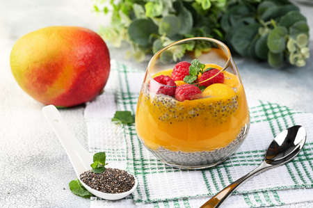 Homemade Chia pudding with coconut milk, mango puree, mango chunk and raspberry. Copy spaceの写真素材