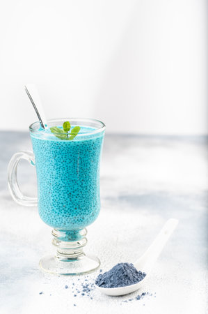 Matcha blue tea chia seed pudding, dessert with fresh mint, coconut milk and blueberry on light background Healthy breakfastの写真素材