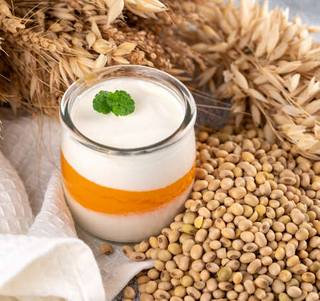 Non-dairy alternatives Soy milk or yogurt with mango in jar on white table with soybeans and cerealの写真素材
