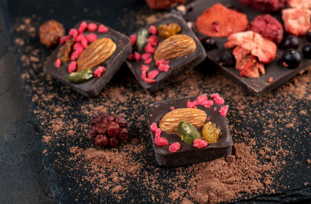Homemade chocolate with dried berries: raspberries, strawberries and nuts. Dark backgroundの写真素材