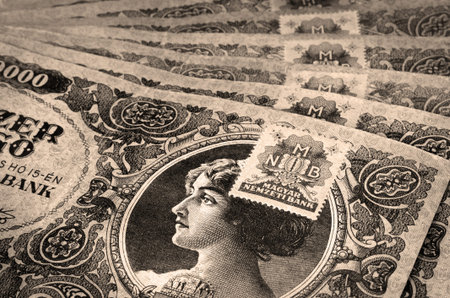 Old Hungarian ten thousand pengo money with stamp in sepia color
