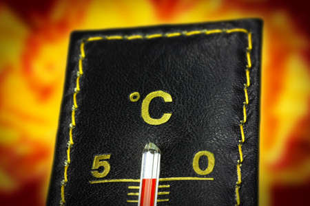 Thermometer fifty celsius, with fire backgroundの写真素材