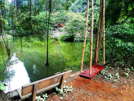 Bench and colimpio in front of a lake with reflections of the trees in a beautiful relaxing landscapeの写真素材