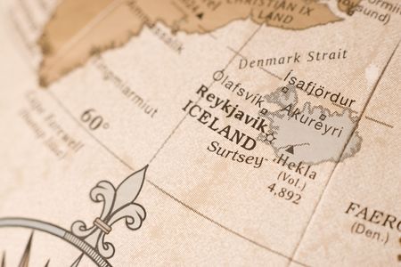 Close up on a globe showing Iceland in detail. の写真素材