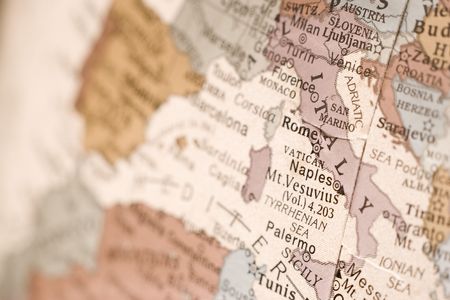 Close up shot of Rome, Italy on an English globe.の写真素材