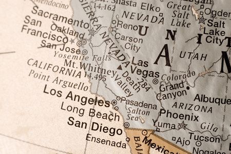 Detail shot of a globe, showcasing California. の写真素材