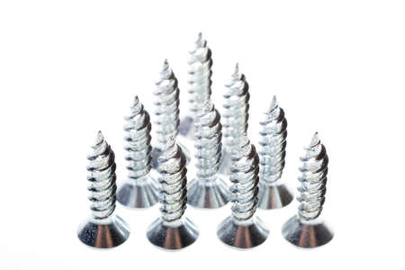 Screws standing up in formation isolated on a white background.の写真素材