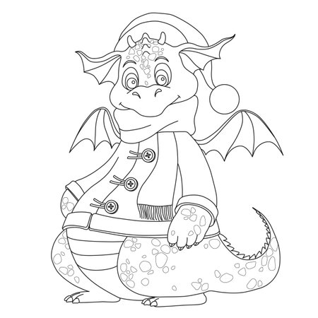 Cute little dragon. Coloring book for children. Baby Dragon wearing a Santa hat. Cartoon vector winter character illustration.のイラスト素材