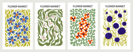 Set of 4 abstract flower posters. Trendy Flower Market wall arts with botanical design in sage green and orange pastel colors. Minimalist, modern naive flat hippie groovy funky interior decorations, paintings. Vector illustration EPS 10のイラスト素材