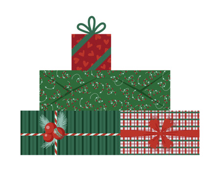 Wrapped Christmas gift boxes. New Year present boxes with ribbons, bows, green and red wrapping papers. For greeting cards, banners, web illustrations, icons, or logos. Vector illustration EPS 10のイラスト素材