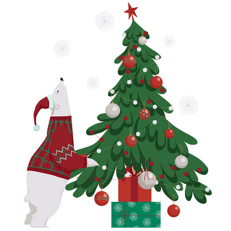 Christmas polar bear, spruce tree and gifts. Funny cute white bear with Christmas tree and presents. For greeting card with Merry Christmas and New Year, decor, wrapping, and packaging design. Vectorのイラスト素材