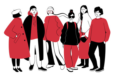Group of stylish women and men in trendy spring or fall outfits. Hand drawn young people character set. Modern fashionable street style girls and guys. Vector red and black color illustration.のイラスト素材