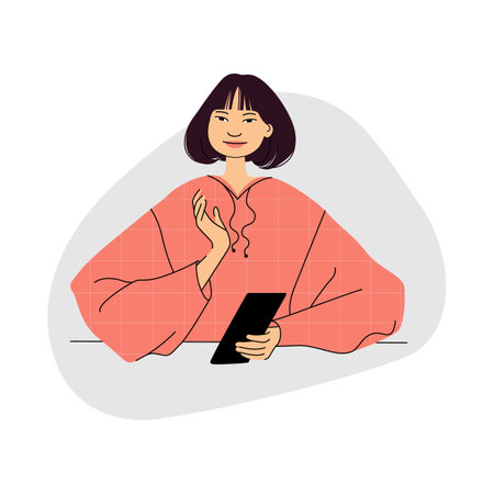 Young girl using phone. Woman holding mobile phone. Female character. Communication concept. Vector illustration.のイラスト素材