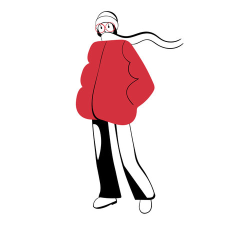 Young woman standing in spring winter stylish outfit. A modern hand-drawn female character in the red jacket. Happy girl wearing casual clothes. Flat vector illustration isolated on a white backgroundのイラスト素材