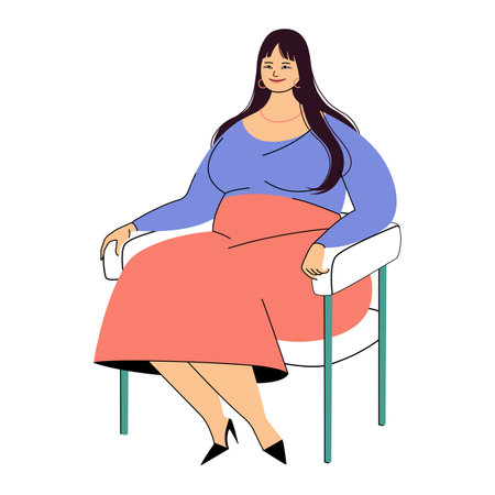 Beautiful plus size woman wearing in red skirt and high heel shoes. An attractive curvy model with long natural hair sitting on the chair. Vector illustration.のイラスト素材