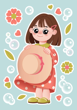 Cute girl Sticker pack. Smiling little girl holding a hat in her hands. Floral and bubble elements. Happy pretty kawaii girl cartoon children's character. Vector illustration EPS.のイラスト素材