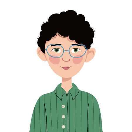 Little happy boy avatar. Portrait of a cute, smiley kid boy with glasses. Avatar face of a schoolboy. Vector children's head Illustration isolated on a white background. Cartoon chのイラスト素材