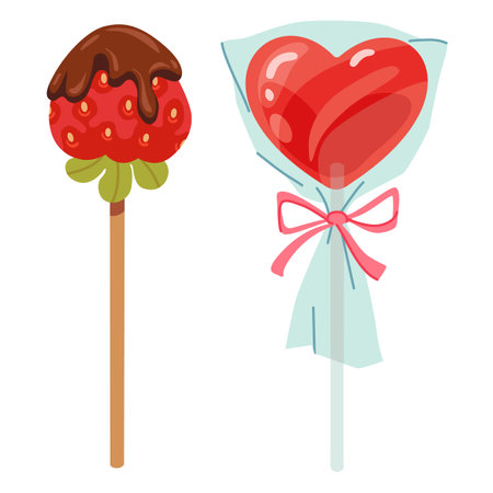 Heart shaped Lollipop candy and Chocolate-covered strawberry. Red candy and fruit on the stick. Love sweet symbols for Valentine's Day, New Year, Christmas greeting card, invitation, and web design.のイラスト素材