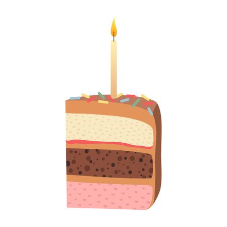 Slice of birthday chocolate cake with candle. Piece of cake for Happy Birthday greeting card,...