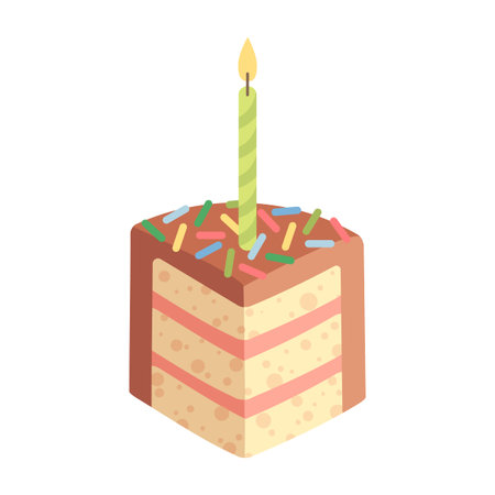 Slice of birthday chocolate cake with candle. Piece of cake for Happy Birthday greeting card,...