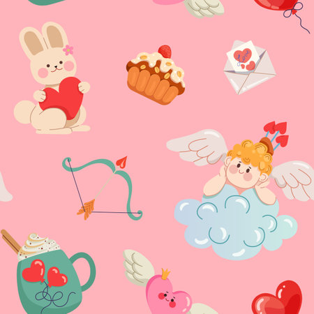 Valentines day seamless pattern with cupid, love arrow, bunny, cake and heart. Cute repeated background for card, Birthday and wedding decor, wrapping paper, packaging, and fabric. Vector illustrationのイラスト素材