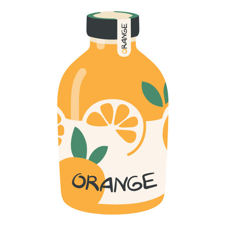 Fresh orange juice in a glass bottle. Natural healthy fruit drink. Cooling summer citrus beverage. Flat style vector illustration on a white background.のイラスト素材