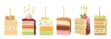Birthday cakes slices with candles. Set of different pieces of cakes for greeting cards, stickers,...