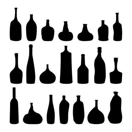 Abstract bottles and vases vector silhouette collection. Set of curved decorative bottles, vases, and pitchers. Vector icons illustration isolated on a white background.のイラスト素材