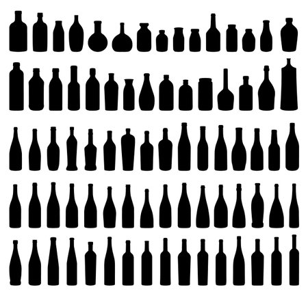 Glass bottle vector silhouette collection. Set of bottles for different drinks. Vector icons illustration isolated on a white background.のイラスト素材