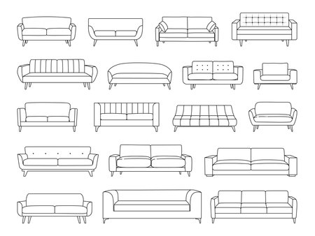 Sofa and armchair outline icon set. Linear couch collection. Line art illustration of soft furniture for living room design. Vector illustration isolated on white background.のイラスト素材