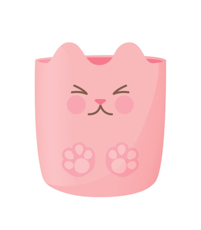 Pink pencil holder with cute cat character. Cup for pens school supply in cartoon style vector illustration isolated on white background. Kawaii kitty on the cup for pencils, pens, and brushes.のイラスト素材