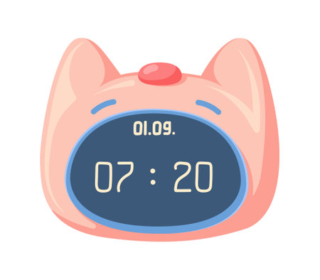 Cute pink cat clock alarm. Kitty head clock in cartoon style. Aesthetic clock with a funny animal to wake the kids up for school. Vector hand-drawn illustration isolated on a white background.のイラスト素材
