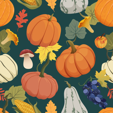 Autumn harvest seamless pattern. Pumpkins, grapes, corn, sunflower, and mushrooms on fall background design for Thanksgiving Day wrapping paper, cards, textile, banners, wallpaper. Vector illustrationのイラスト素材